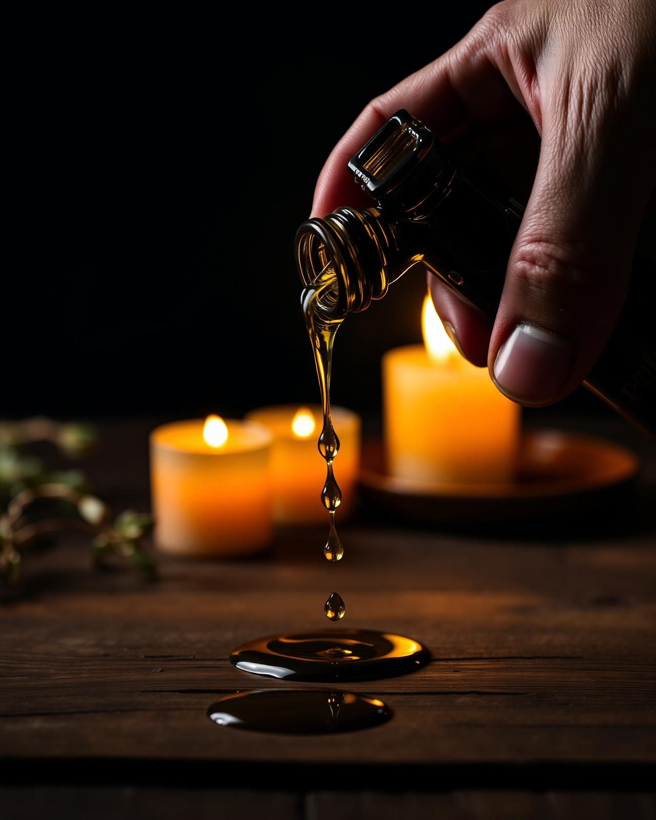 Pouring Voulgaris extra virgin olive oil by candlelight