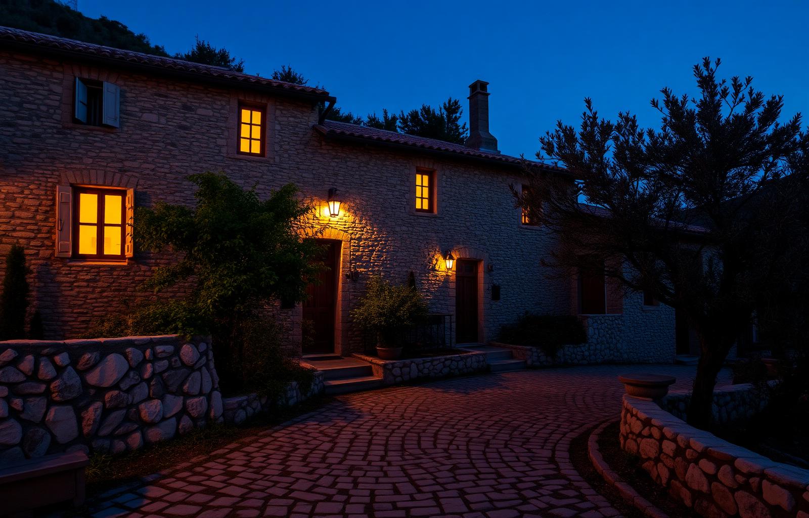 Stone house in Afeilianes village at dusk